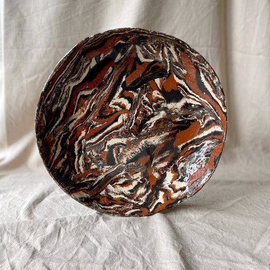handmade ceramics, medium marbled bowl, beige black and terracotta, front side