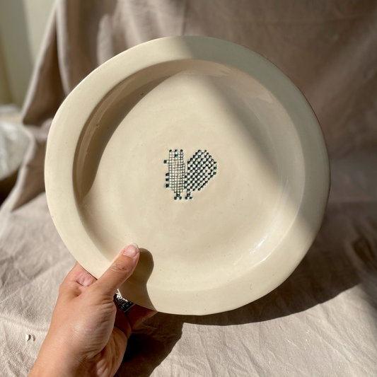 handmade ceramics, dinner plate with chicken pattern, front side