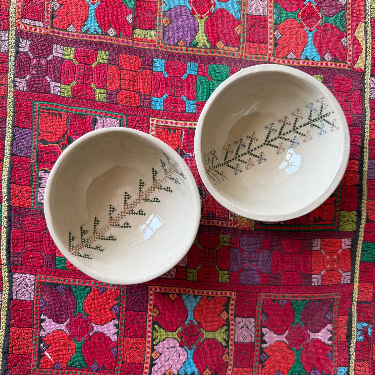 A Set of 2 Tatreez Bowls (Palm Tree & Tree of Love)
